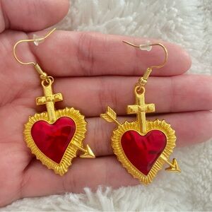 Gold tone Sacred Heart of jesus Dangle Earrings with Red heart Enamel
